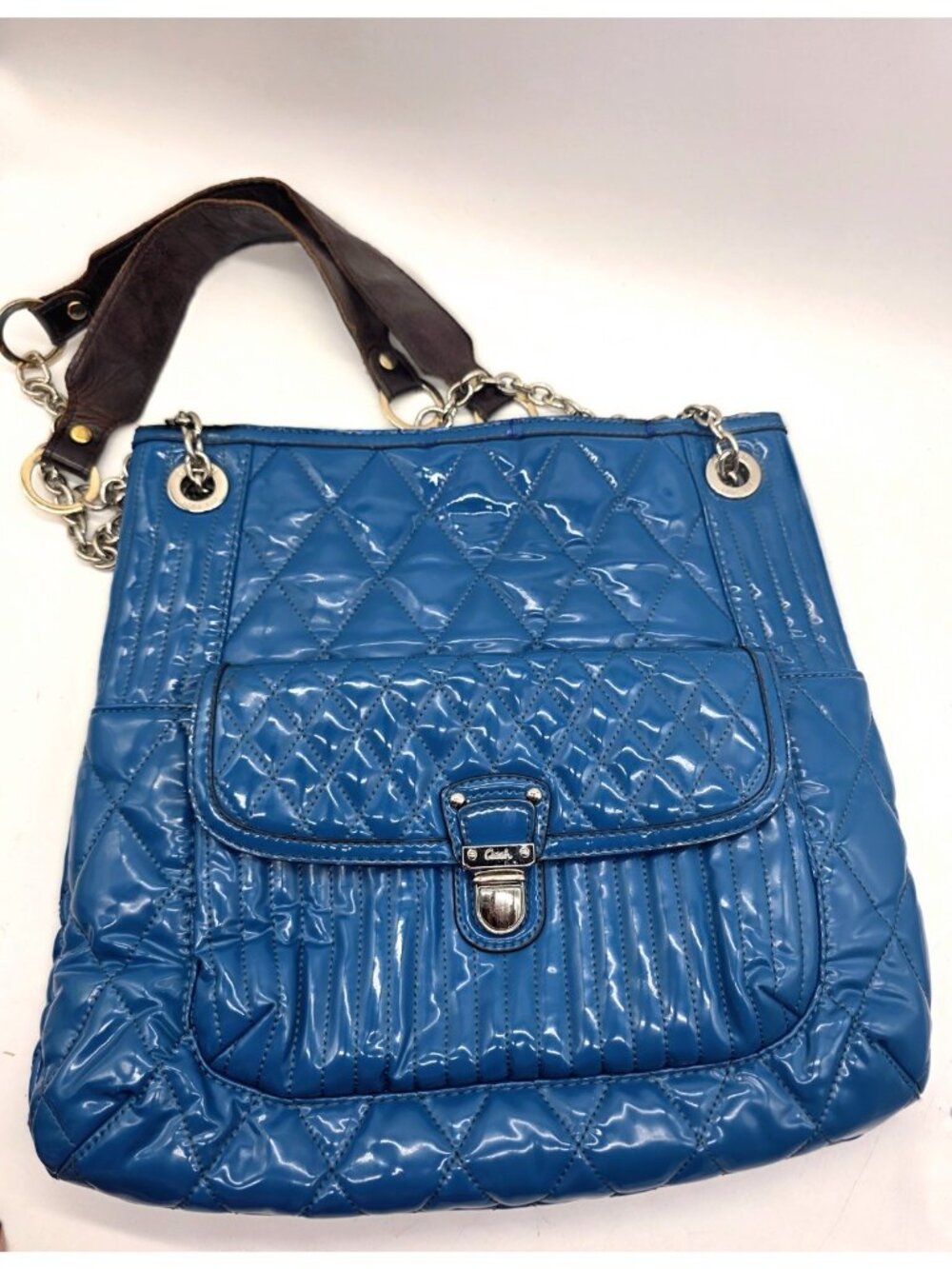 Coach Poppy Liquid Gloss Quilted Slim Tote Purse Teal Blue Y2K F19830 SEE Boho